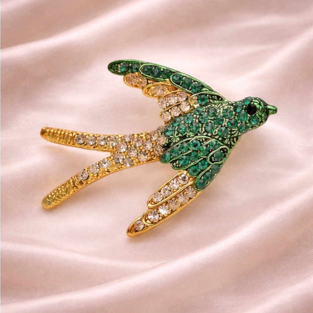 Swallow Elegant Green Gold Bird Brooch